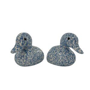 Set Of Two Blue & White Ceramic Duck Bookends With Felt Bottoms Sponge paint